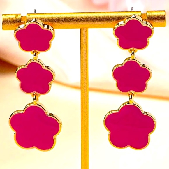 PINK FLOWER DESIGN LONG DANGLE EARRINGS RETRO BOHEMIAN STYLE JEWELRY NEW - Picture 3 of 5